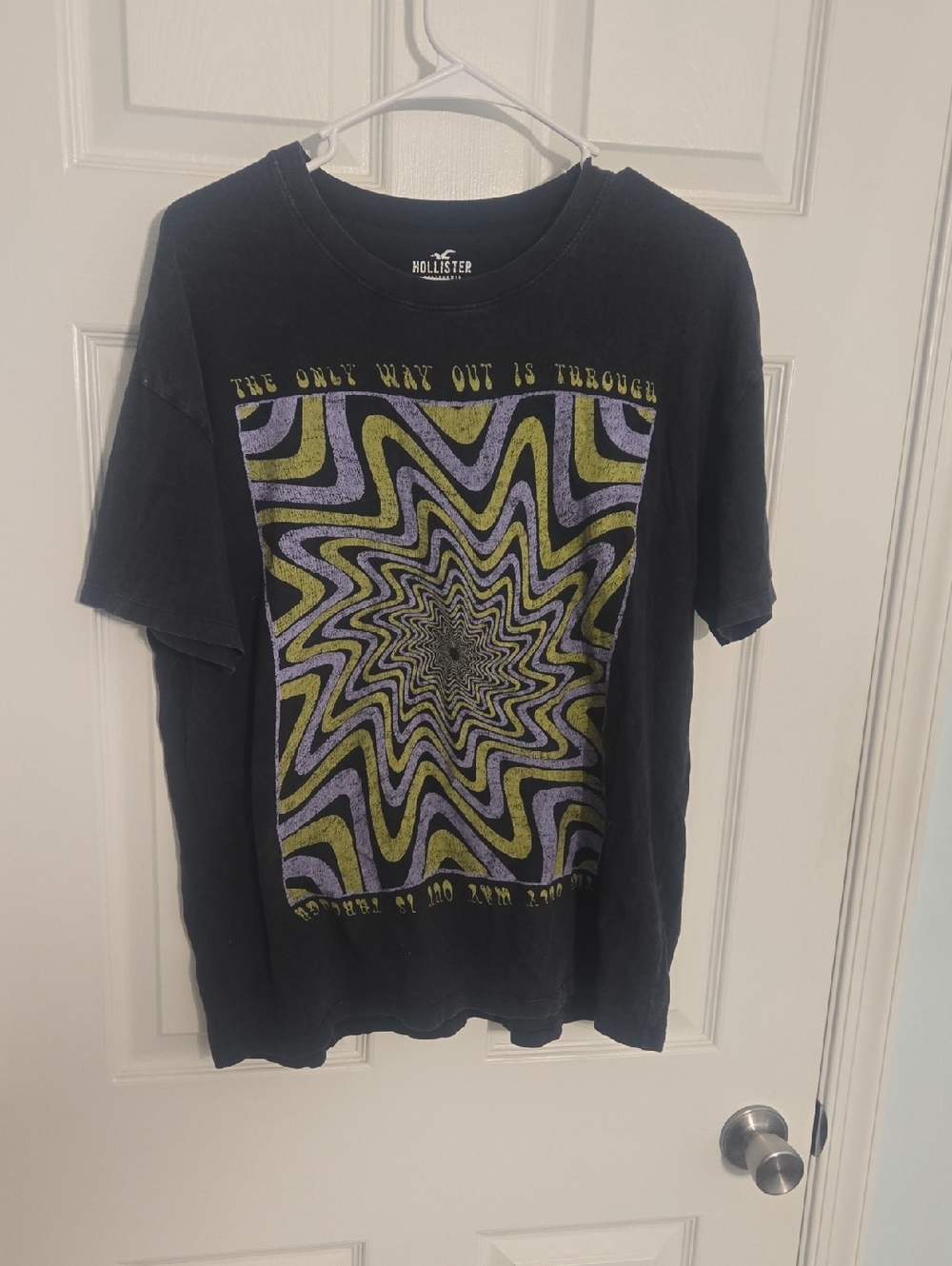 Hollister Black Tee with Purple and Olive Starburst Graphic